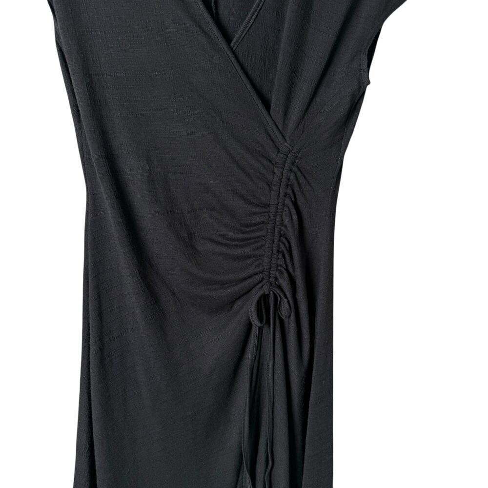 Max Studio Faux Wrap Side Ruched Midi Dress in Black Crinkled Jersey, Size Small - Picture 5 of 11